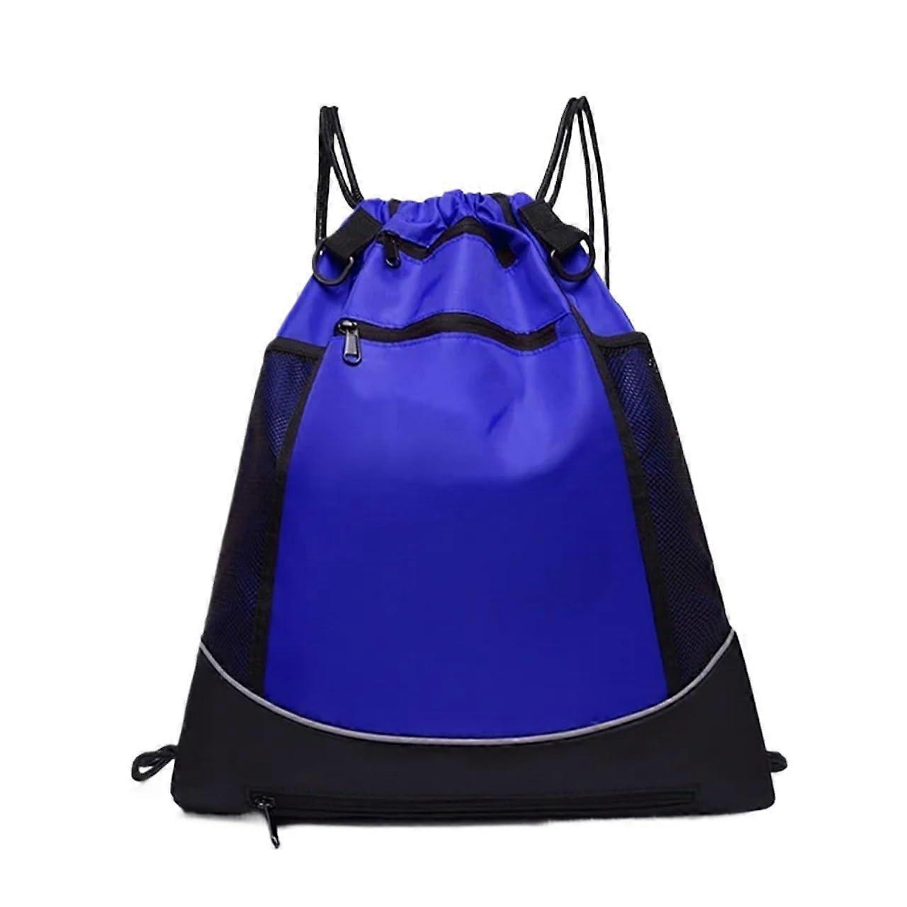 Basketball Bag Drawstring With Multiple Pockets Side Mesh Pocket Expandable Backpack Blue