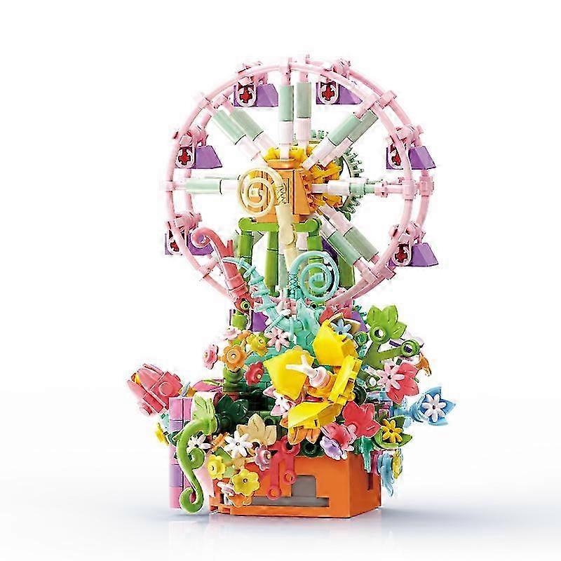 Rotating Music Box with Simulated Dried Flowers for Desktop Decoration and Building Blocks Toys