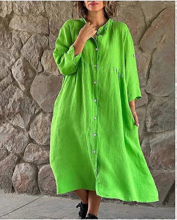 Women's New Cotton and Linen Solid Color Casual Collar Button Dresses