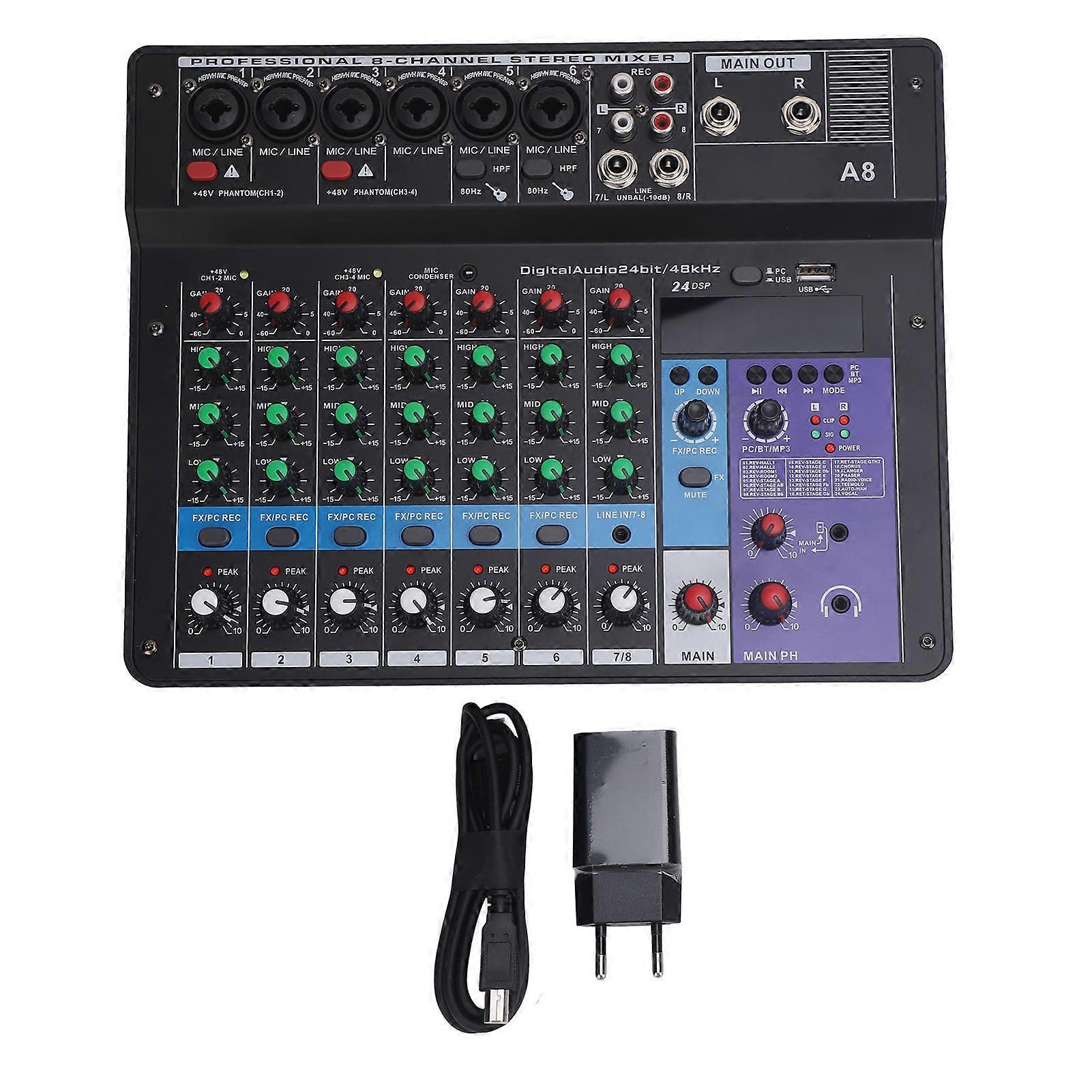 8 Channel Bluetooth USB Mixer - Digital Studio Sound Console with Phantom Power & LED