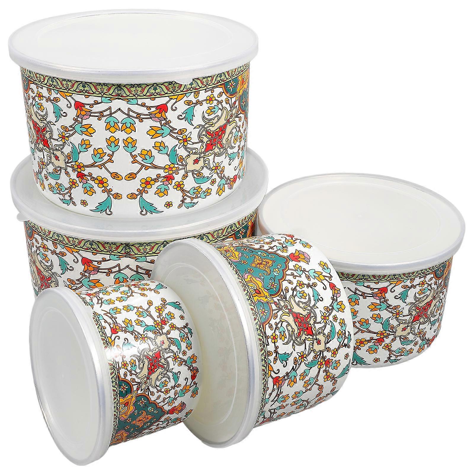 Household Soup Bowl Enamel Bowls With Lids Chinese Bowls 10.60X10.60X7.30cm Multi-Purpose Container 5Pcs