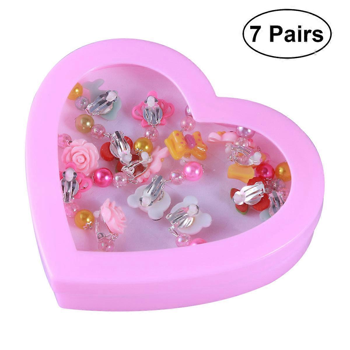 Childrens Jewelry For Girls Acrylic Flash present Set Ear Clips Non-Piercing Heart Shape Stylish Design Kids Daily Wear 7Pairs