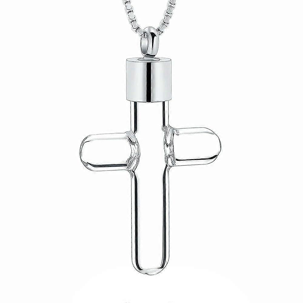 Glass design memorial urn necklace with cross pendant, openable for ashes, for men and boys, silver.