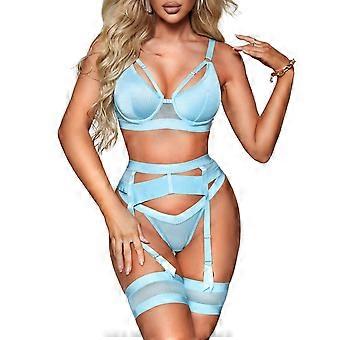 Garter Lingerie for Women,Sexy Lace Lingerie,Sheer Matching 4 Piece Lingerie Set Light Blue