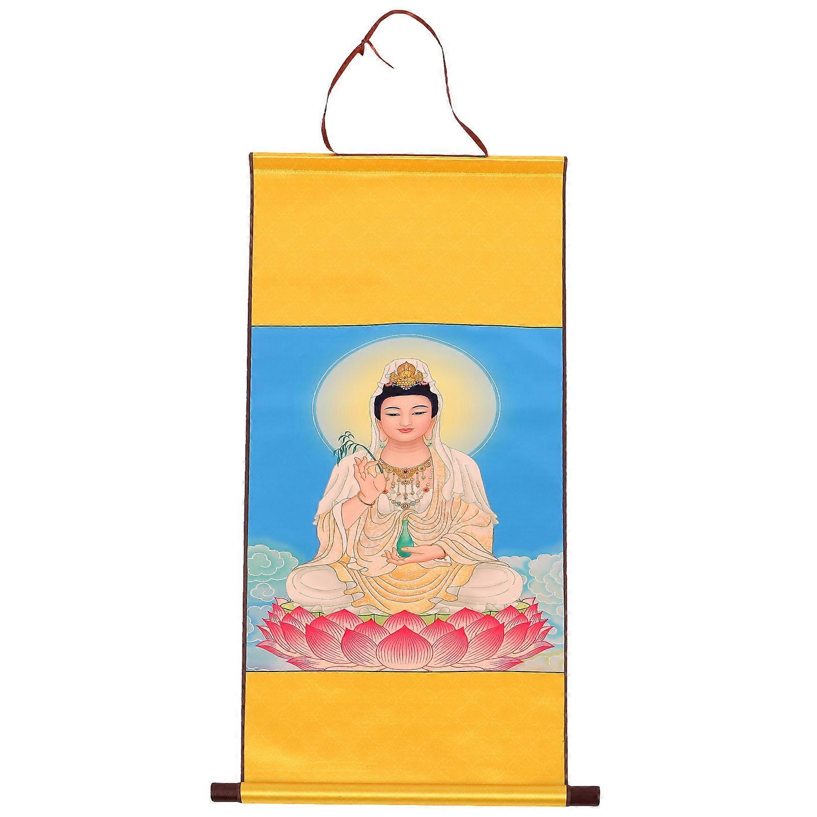 Ev İbadet ve Dekorasyon için Çok Renkli Guanyin Boyama Duvar Sanatı Kumaş Ahşap 38.5x27.5 İnç
