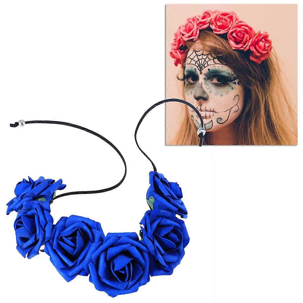 Blue Rose Headband with String Adjustable for Wedding Festival Party Decoration foam Material