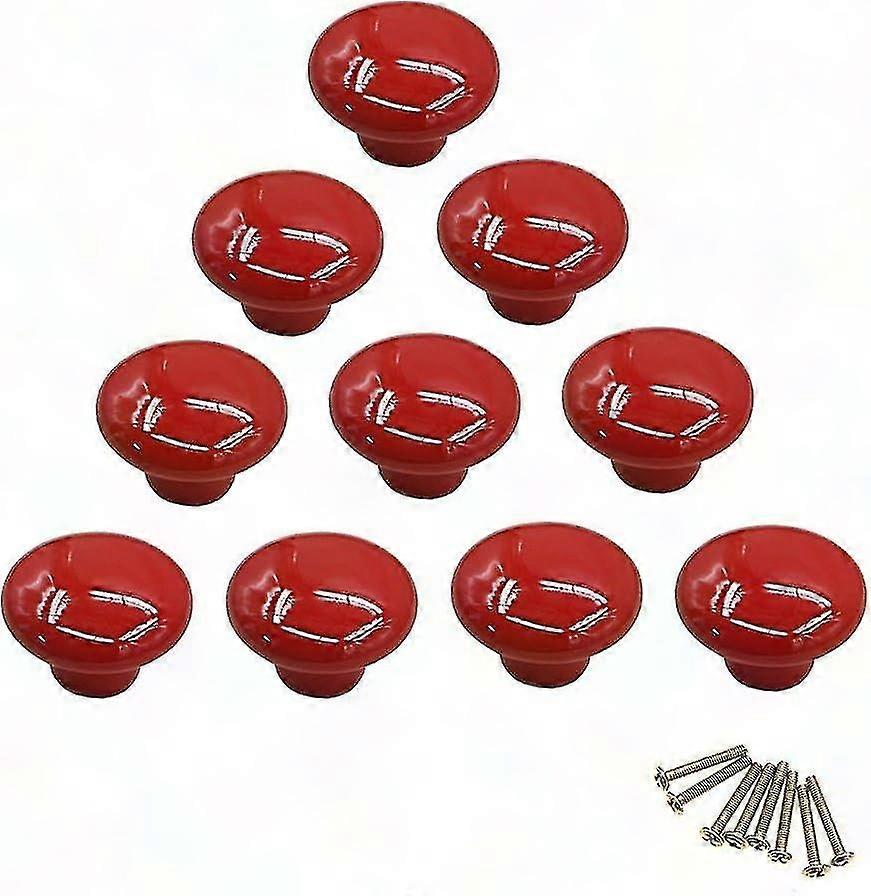 10 Pack Round Red Ceramic Cabinet Knobs - Single Hole for Drawer, Wardrobe, Dresser, Pull Handle