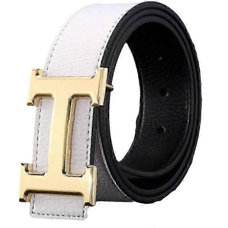 Genuine Leather Business Belt for Men and Women: Automatic H Gold Buckle with Flat White Style