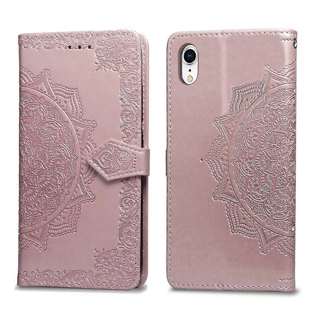 Imprinted Half Mandala Flower Leather Wallet Stand Phone Casing for iPhone XR 6.1 inch