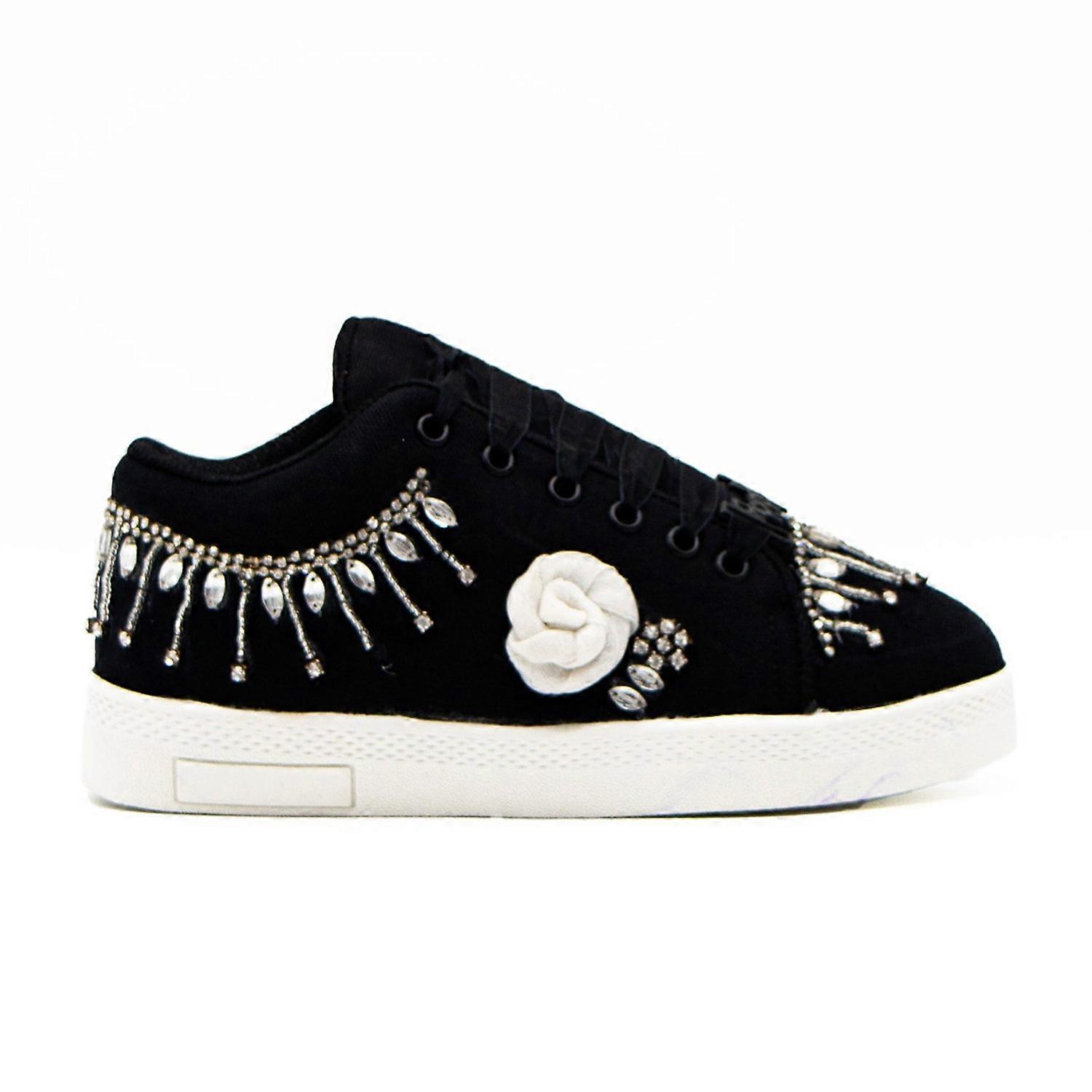 Skylar luxury black canvas handmade embellished tennis shoe
