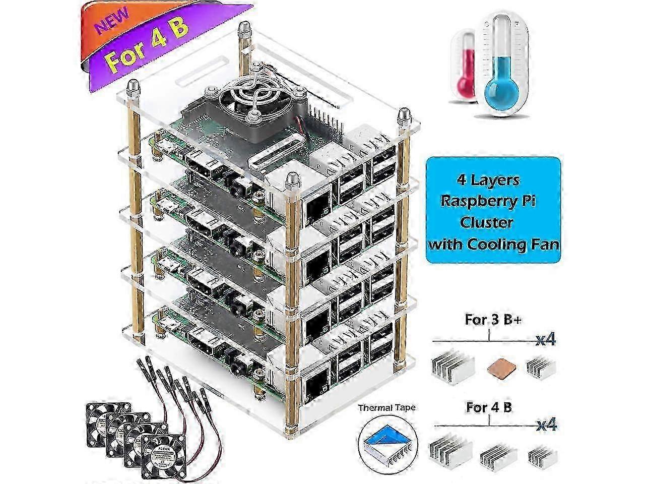 2025 Raspberry Pi 4 B Cluster Case Raspberry Pi 4 avec ventilateur de refroidissement et dissipateur thermique Raspberry Pi 4 pour Raspberry Pi 4 Modèle B 3 B+ Pi 3 B Pi 2 B Pi B