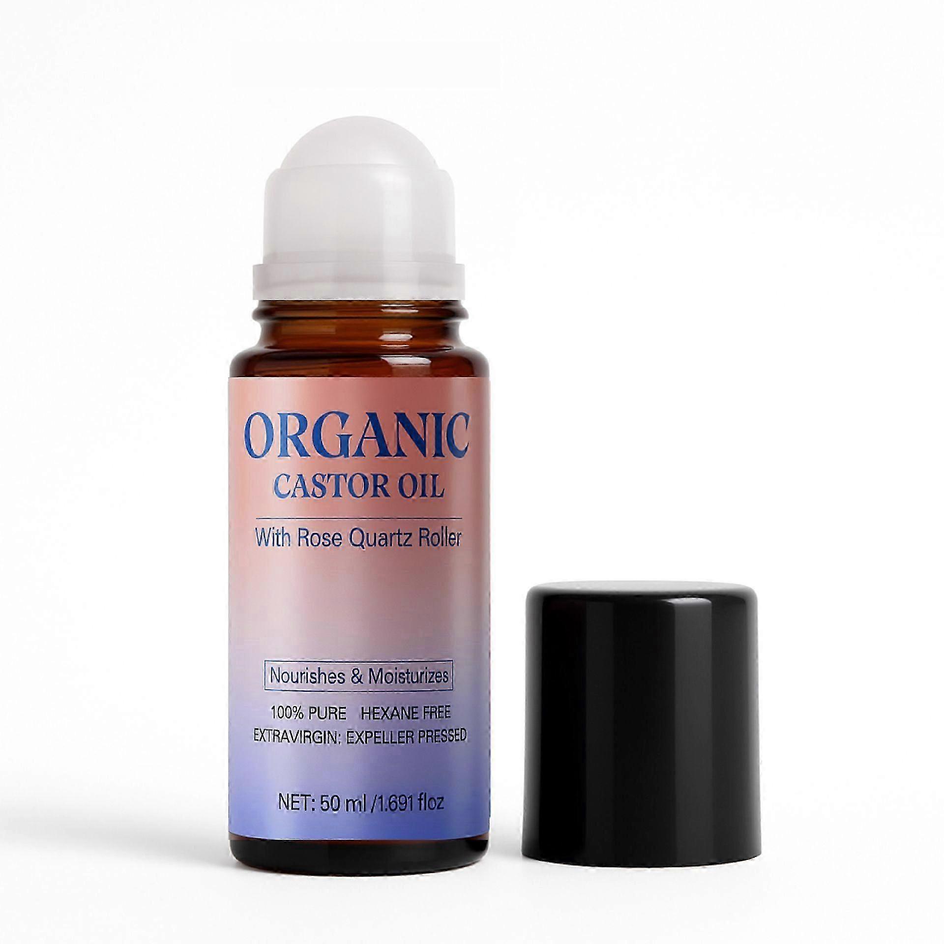 Organic Castor Oil with Rose Quartz Roller, 50ml, 100% Pure Extra Virgin Castor Oil Roll On, Suitable for All Skin Type