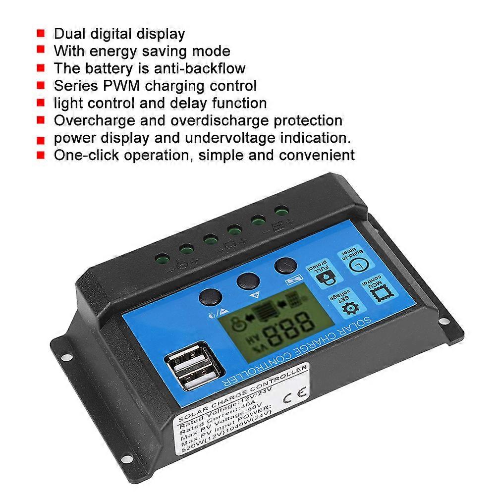12V/24V 40A PWM Solar Charge Controller with USB Output Black