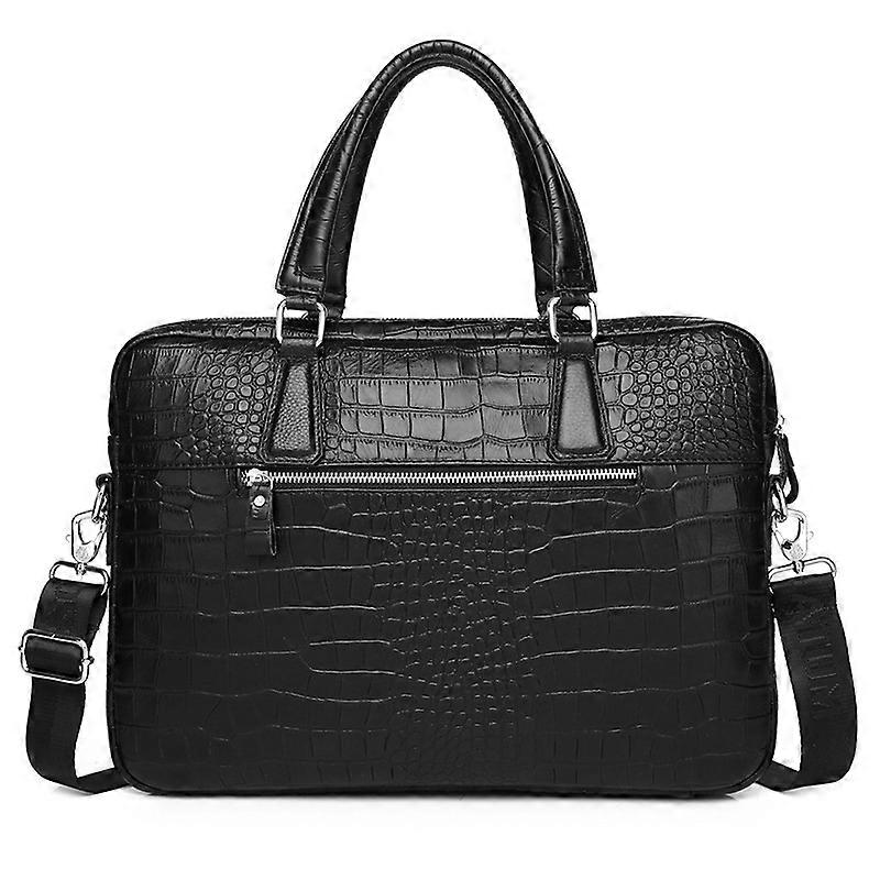 Cow Leather Laptop Bag Leather Briefcase for Men, Crocodile Pattern, 15.6 Inch Laptop, Durable, Black