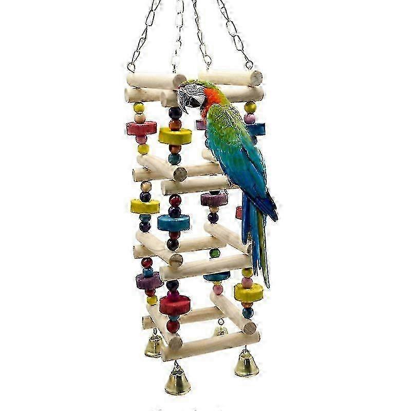 Wooden bird parrot swinging ladder toy, habitat and colorful bite block toy