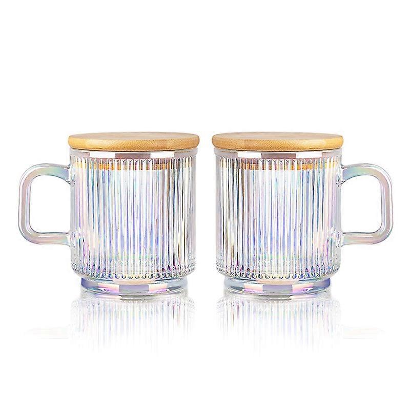 2Pc Glass Coffee Cup with Lid Mugs Ribbed with Handle for Latte Tea A