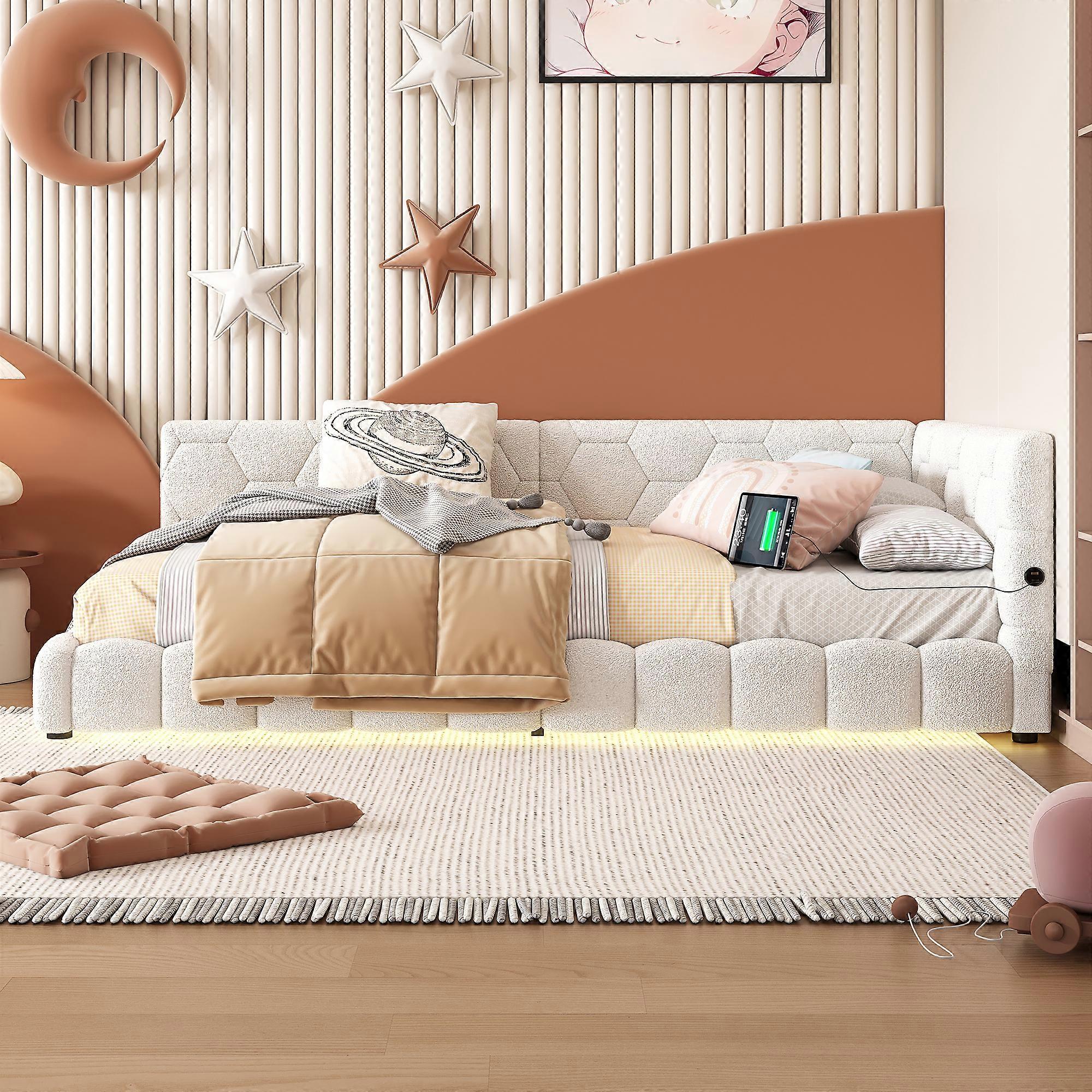 Daybett 90x200cm Sofa Bed Slatted Frame USB C LED Light White Fabric