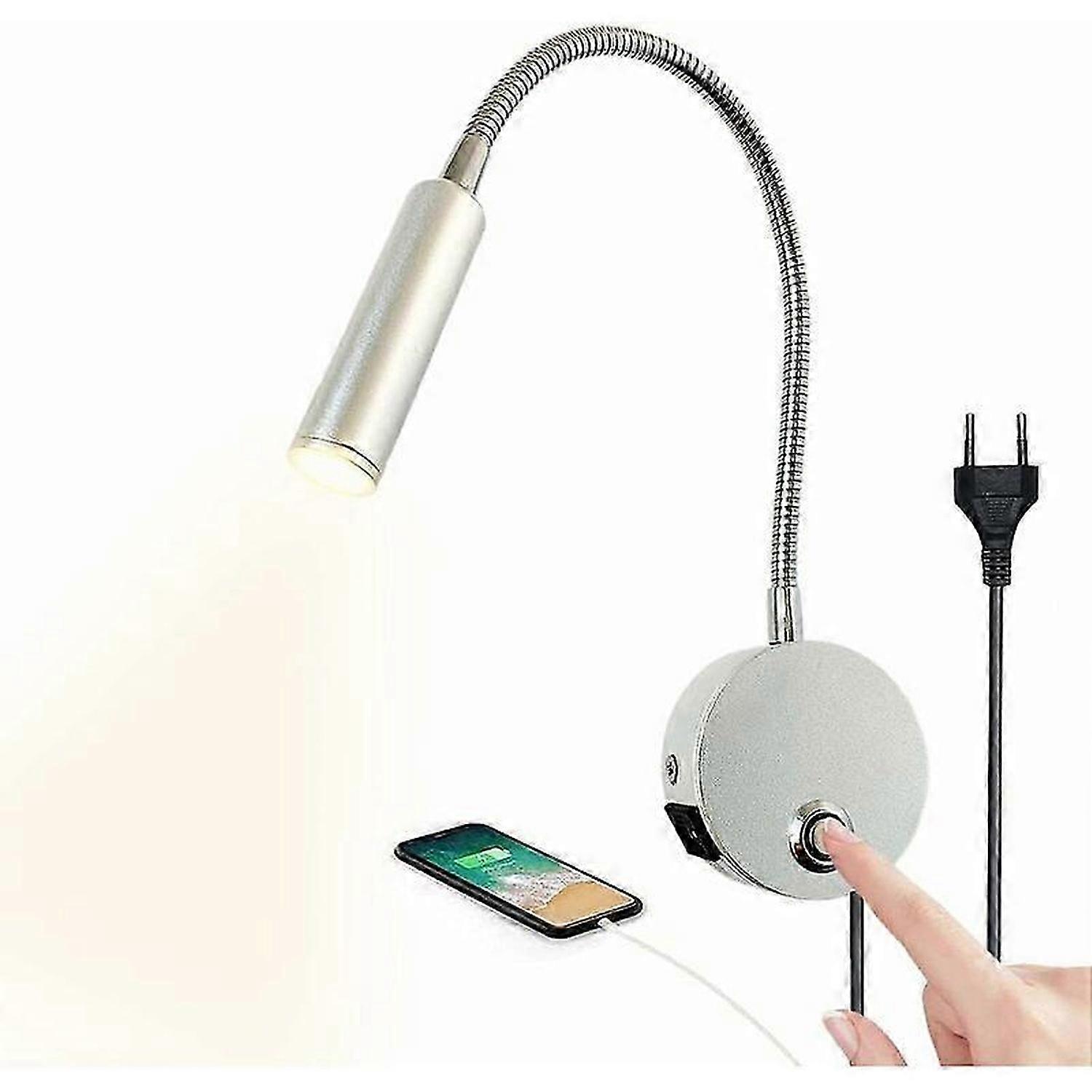 Lampe de lecture murale tactile à intensité variable Lampe de lecture à LED pour tête de lit avec port USB et interrupteur, lampe à col de cygne flexible avec prise, lampe de chevet murale 3W