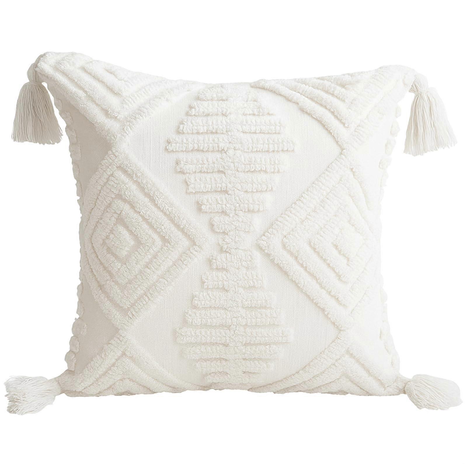 Plush Pillow Cover 17.7 X 17.7 In, White Green Geometric Design With Tassels, Plush Cushion Case For Sofa Decor