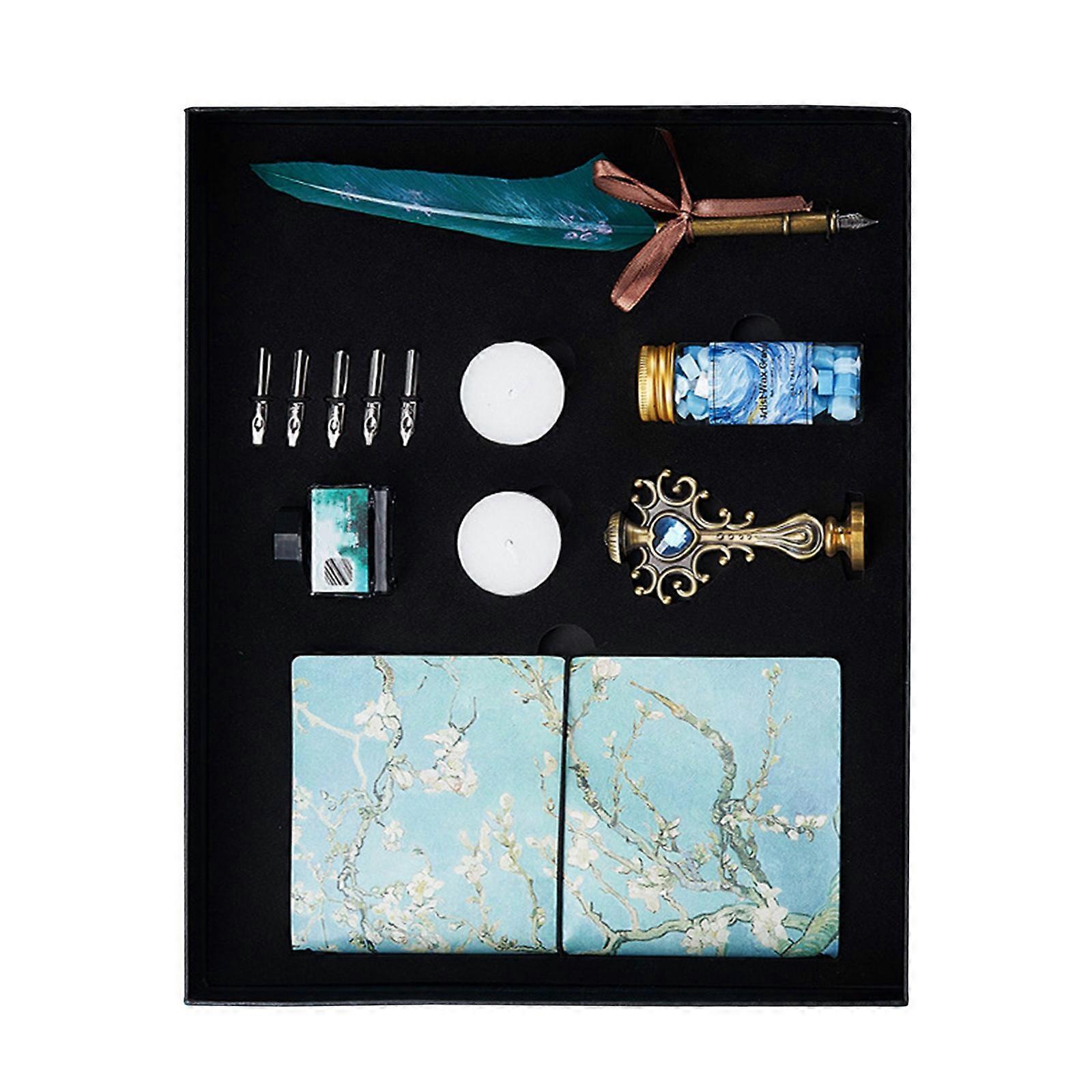 Quill Dip Pen Set Seal Stamp Set Includes Dip Pen, Stamp, Seal Beads, Replaceable Pen Tip, Notebook, Tealight, Ink  Green
