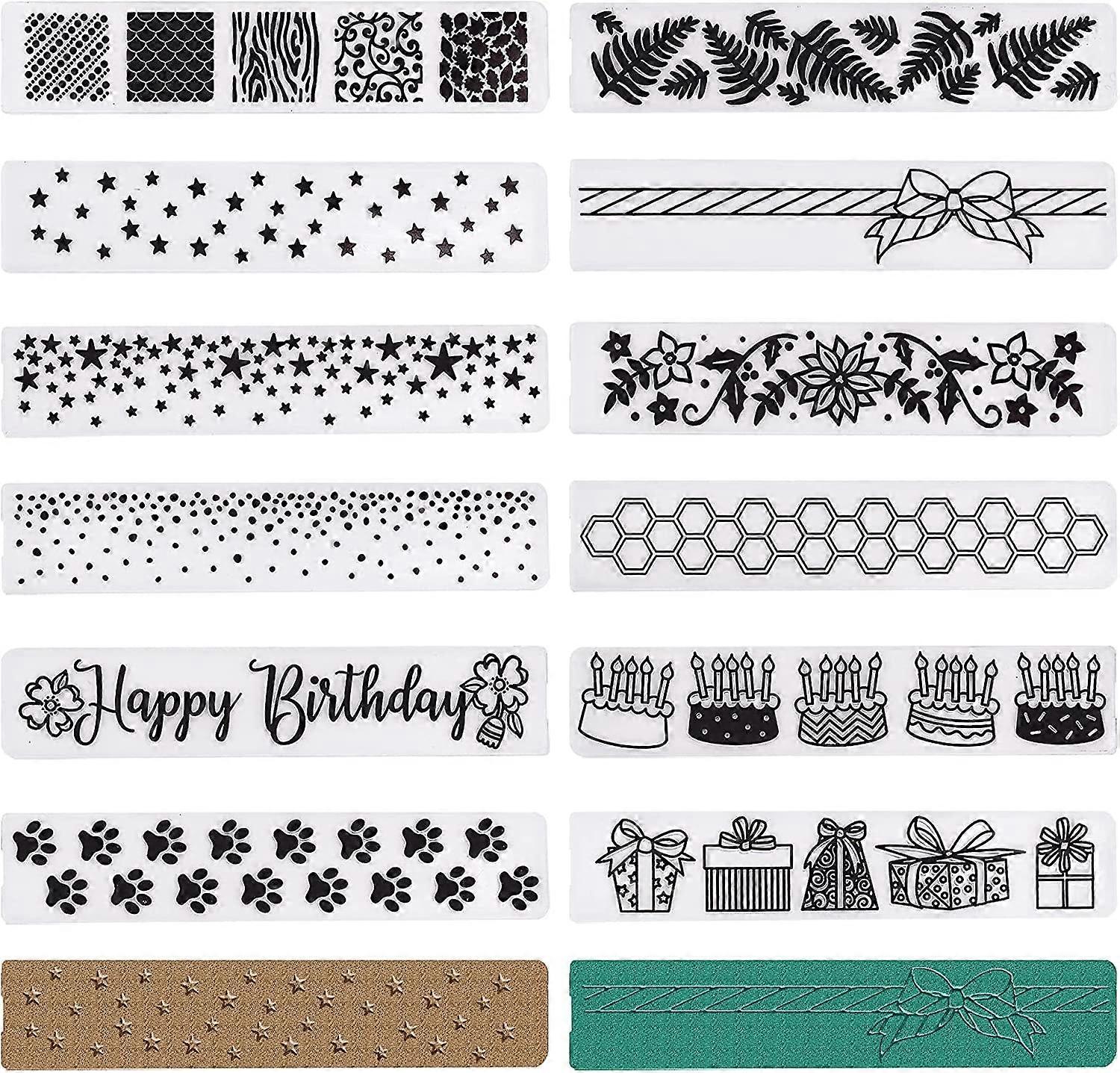 12Pcs Plastic Fondant Stencil Set 15x3x0.3cm Mixed Patterns for Cake Baking DIY Decoration Crafts Compatible with Embossing Tools
