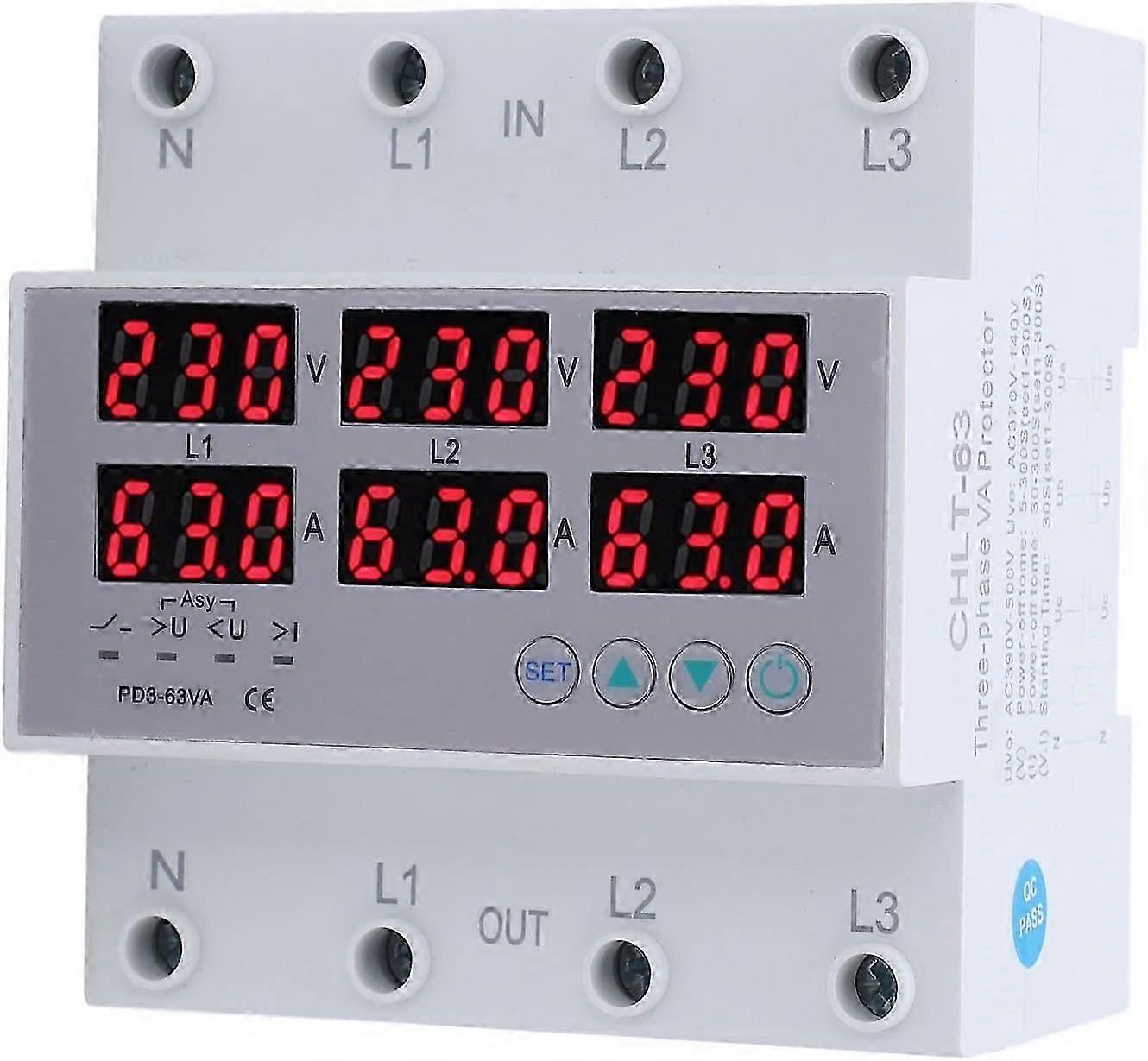 3-fase DIN-rail voltmeter, Chlt 63 digitaal lcd-scherm, automatische reset DIN-rail voltmeter en ampèremeter, AC390 tot 500 V overspanning, AC370 tot 140 V onderspanning