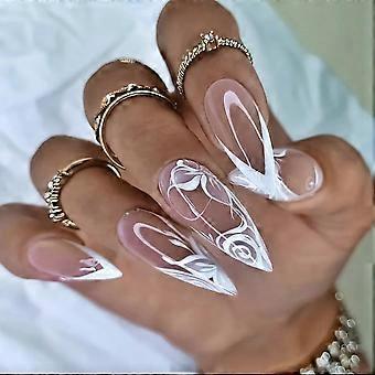 White French Tip Press on Nails Almond Short Medium Fake Nails with Glue Gel Acrylic Stiletto Glue on Nails with Butterfly Design Manicure False Nail