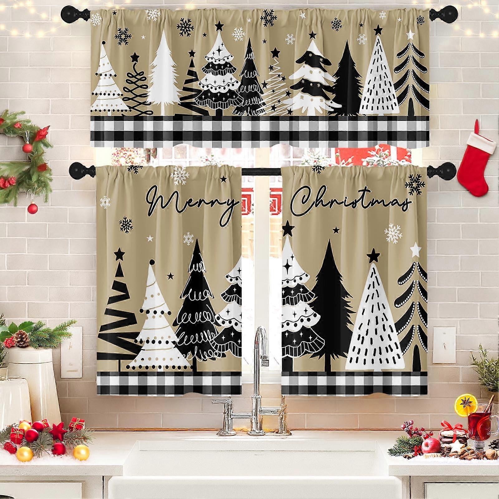 Christmas Kitchen Curtains Set 3 Piece Red Snowflake Valances Light Control Privacy Protection 36'