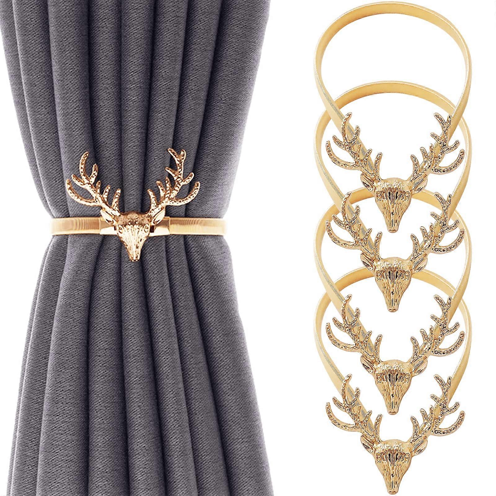 Gold Elk Curtain Tiebacks 4 Pack Decorative Alloy Holdbacks for Drapes Christmas Elastic Fit