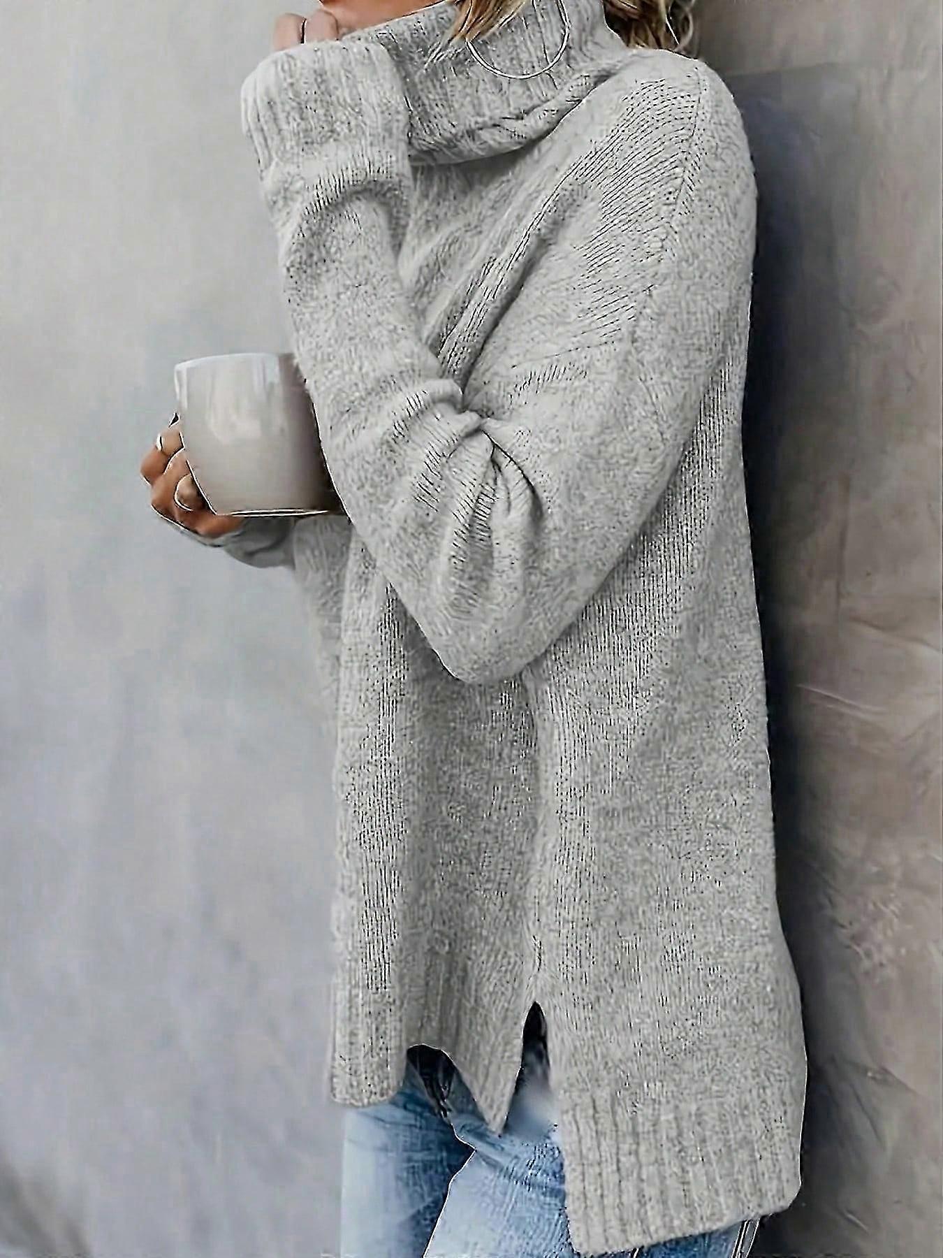 Damen Strickwaren Langarm Rollkragenpullover mit Schlitzdetails Einfarbiges Pulloveroberteil Normale Passform