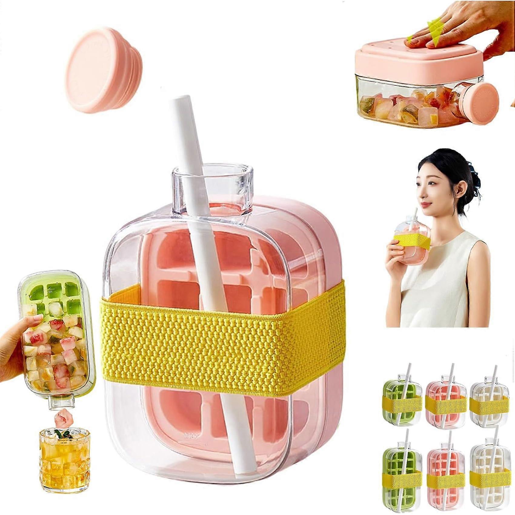 2 in 1 Ice Cube Maker Bottle with Straw, 500ml Quick Release Ice Tray Water Cup for Summer