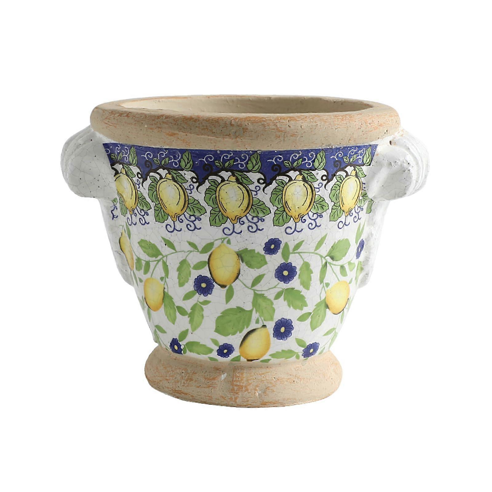 Ceramic Decorative Vase with HandPainted Lemon Pattern, Small Succulent Planter Pot for Home Decor
