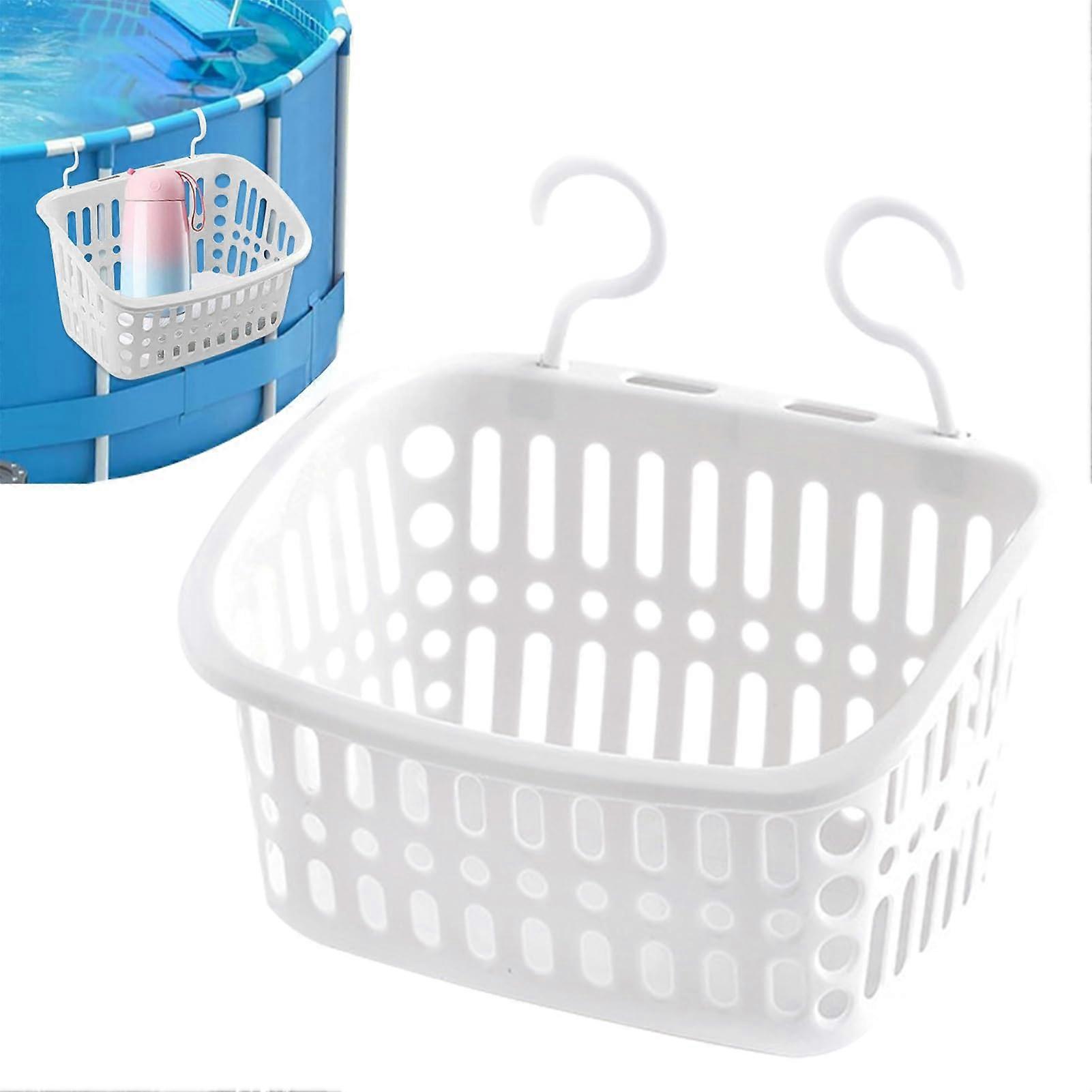 Pool Storage Basket with Hooks, UVResistant Floating Organizer for Towels, Drinks and Accessories White