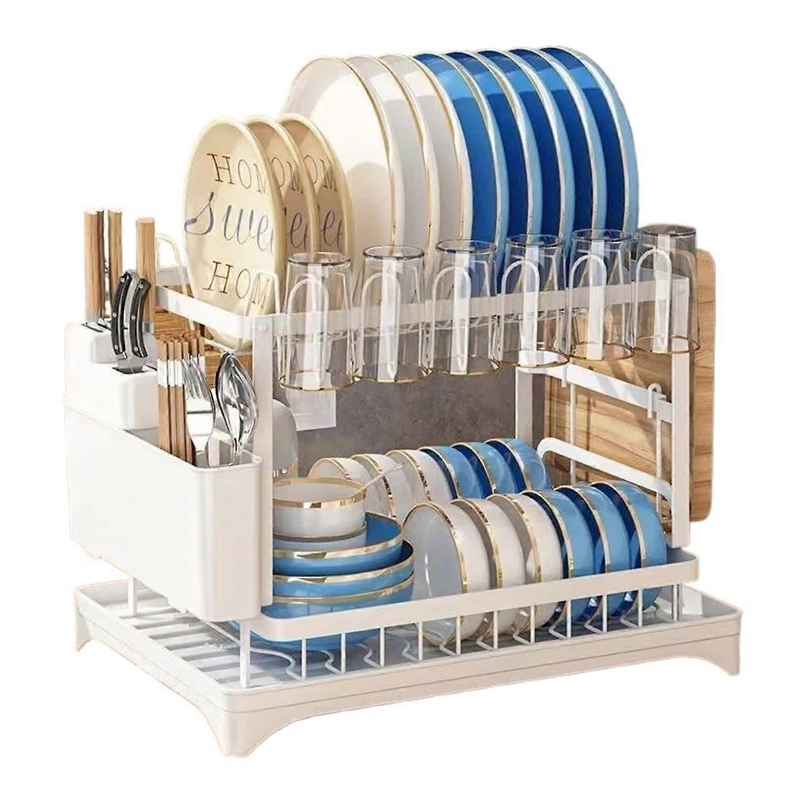2 Tier Large Capacity Dish Drying Rack with Drainboard for Kitchen Countertop, White