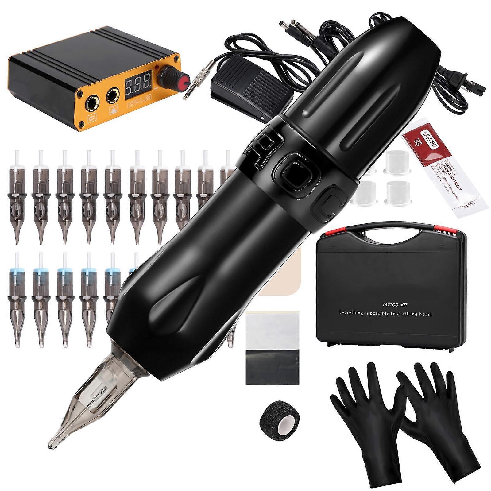Wireless Tattoo Pen Kit with Power Supply, Adjustable Needle, Low Noise, RCA Compatible, Black
