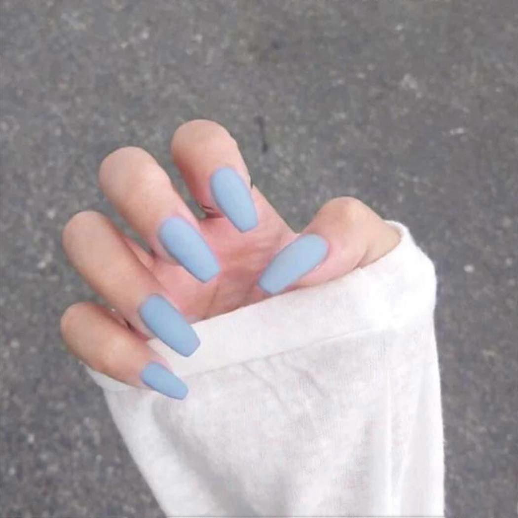 Long Coffin Press On Nails Matte Blue Set 24Pcs Full Size Range Easy Application for Women