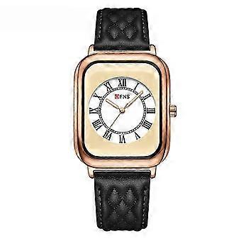 Reloj OFNS cuadrado de oro rosa con correa de piel acolchada negra - Elegante esfera con números romanos para mujer - Accesorio de moda con estilo
