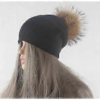 Höst Vinter Varm Stickad Mössa Kvinnor Ull Skullies Mössor Casual Kvinna Cashmere Mössa Keps Äkta Tvättbjörnspäls Pompom Hatt