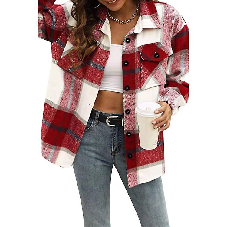 Womens Casual Plaid Shacket Wool Blend Button Down Long Sleeve Shirt