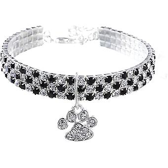 Pet Collar with Diamonds, Adjustable, Heart-shaped Elastic Pendant, Small Pet Collar（Black）
