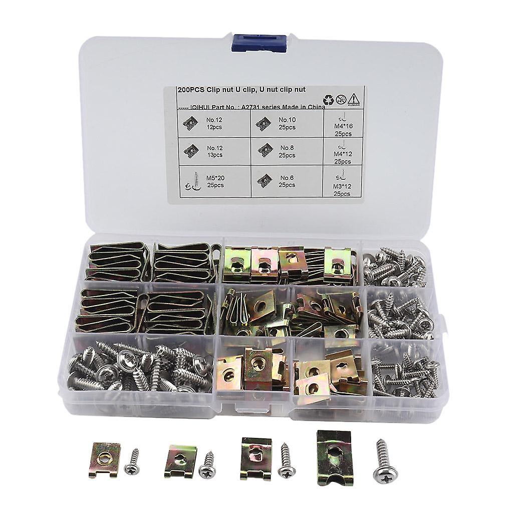 Set of 200 Assorted Spire Clips U Nuts Galvanized Screw for Motorcycle