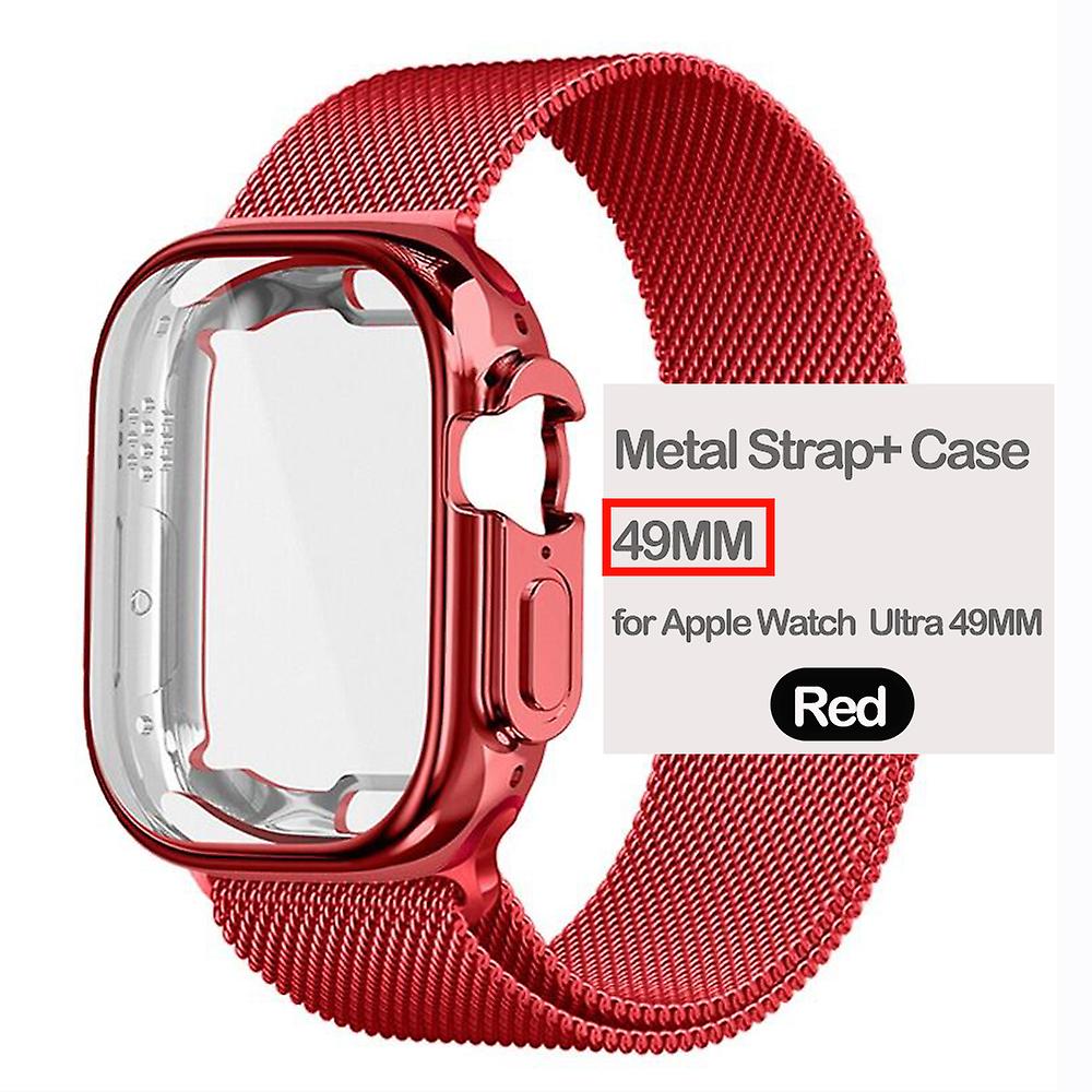 Milanese Loop For Apple Watch Ultra Band 49mm, Iwath Ultra 49mm Band And Tpu Screen Protector Case Magnetic Metal Strap Stainless Steel Bracelet, Red,