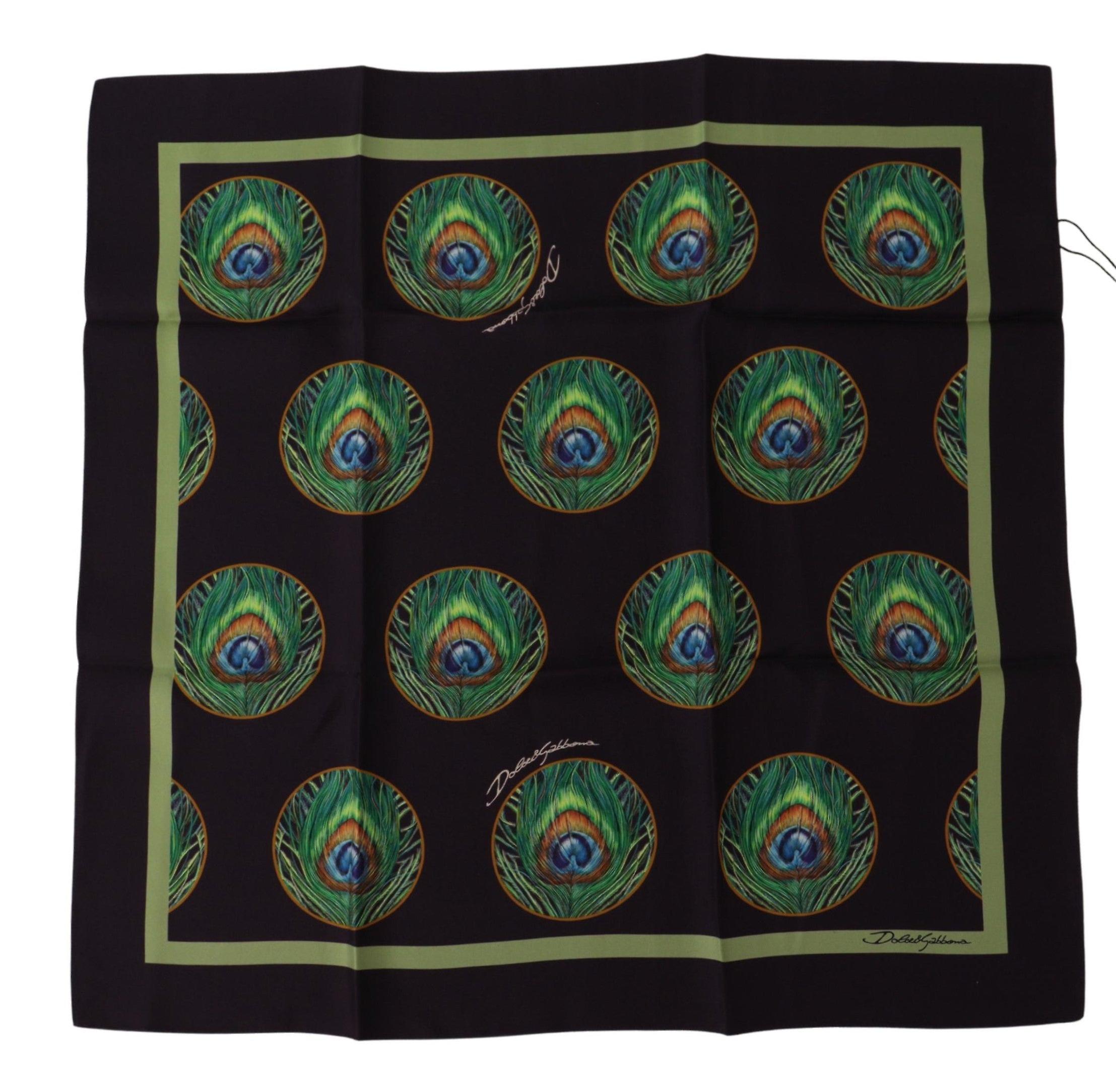 Dolce & Gabbana Black Peacock Feather Dg Printed Square Handkerchief Scarf