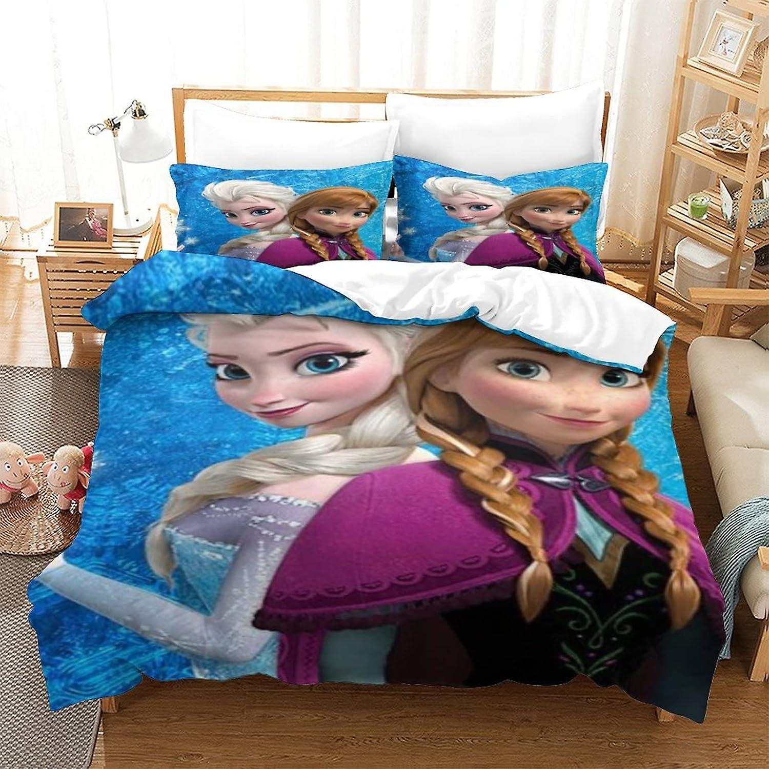 HOUKIG Frozen Quilt Cover Bedding Set 3D Duvet Cover Set Quilt Cover, Princess,Zipper Closure with Pillow Case Kids Double