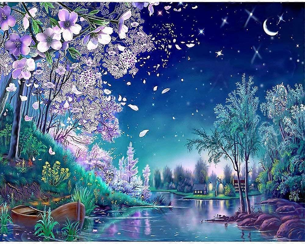 طقم الطلاء بالأرقام DIY للبالغين - Blue Nights Nature | الطلاء حسب مجموعة الأرقام على قماش للمبتدئين | ديكور الحائط المنزلي | يمكن جودة الفن المطبوعة مسبقا