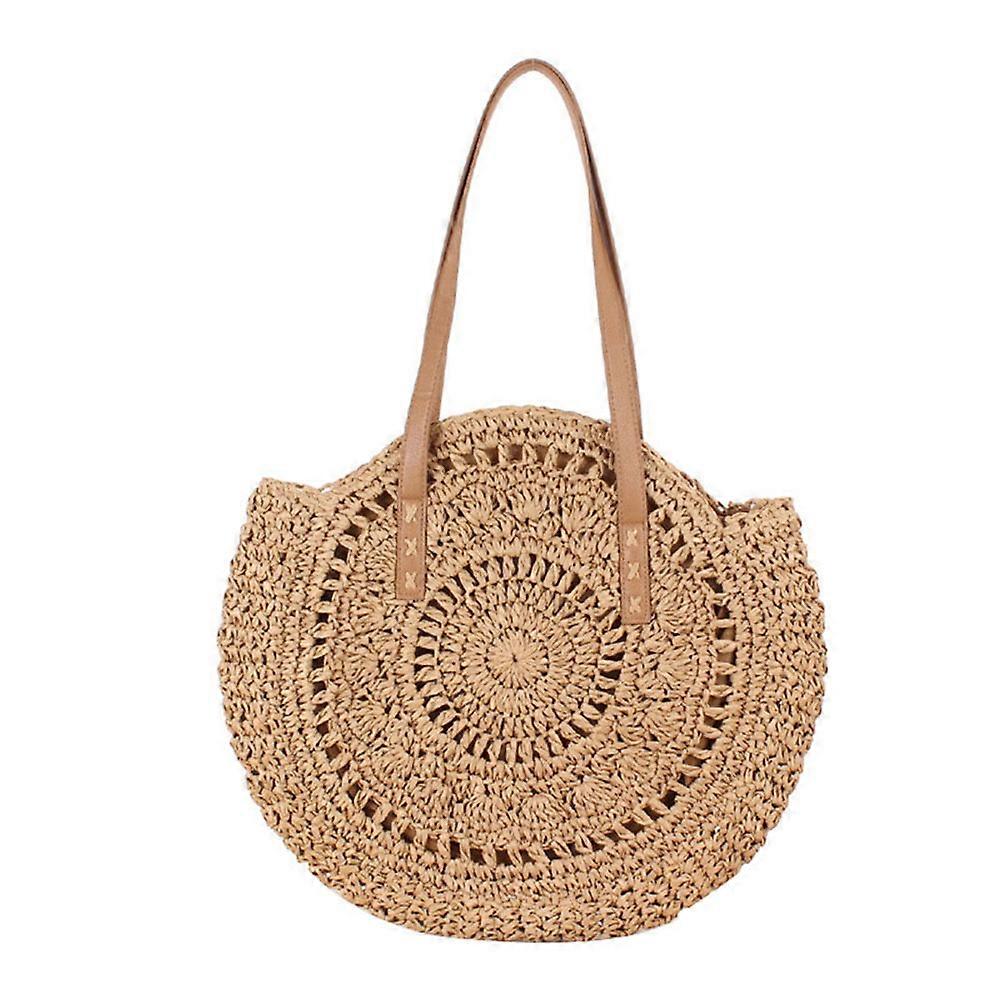 Women Round Straw Bag Rattan Woven Shoulder Bag Wicker Simple Portable Beach Tote