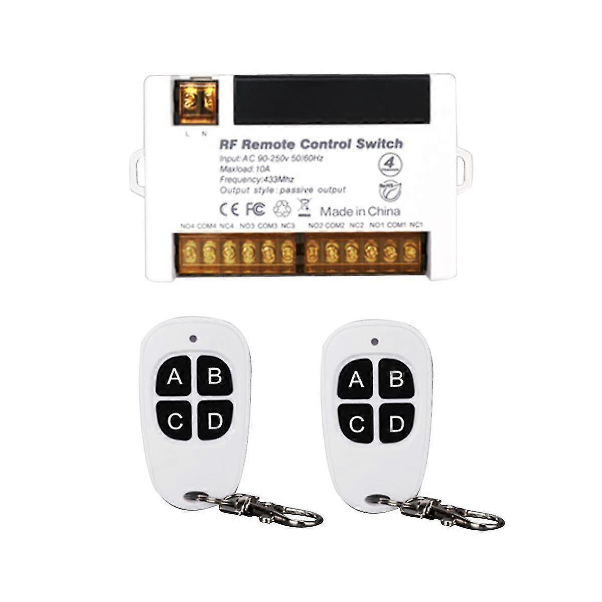 4 Channel Wireless Relay Remote Control Switch 433.92 Mhz Rf Ac90-250v 10a Relay Receiver With 2 Remote Control
