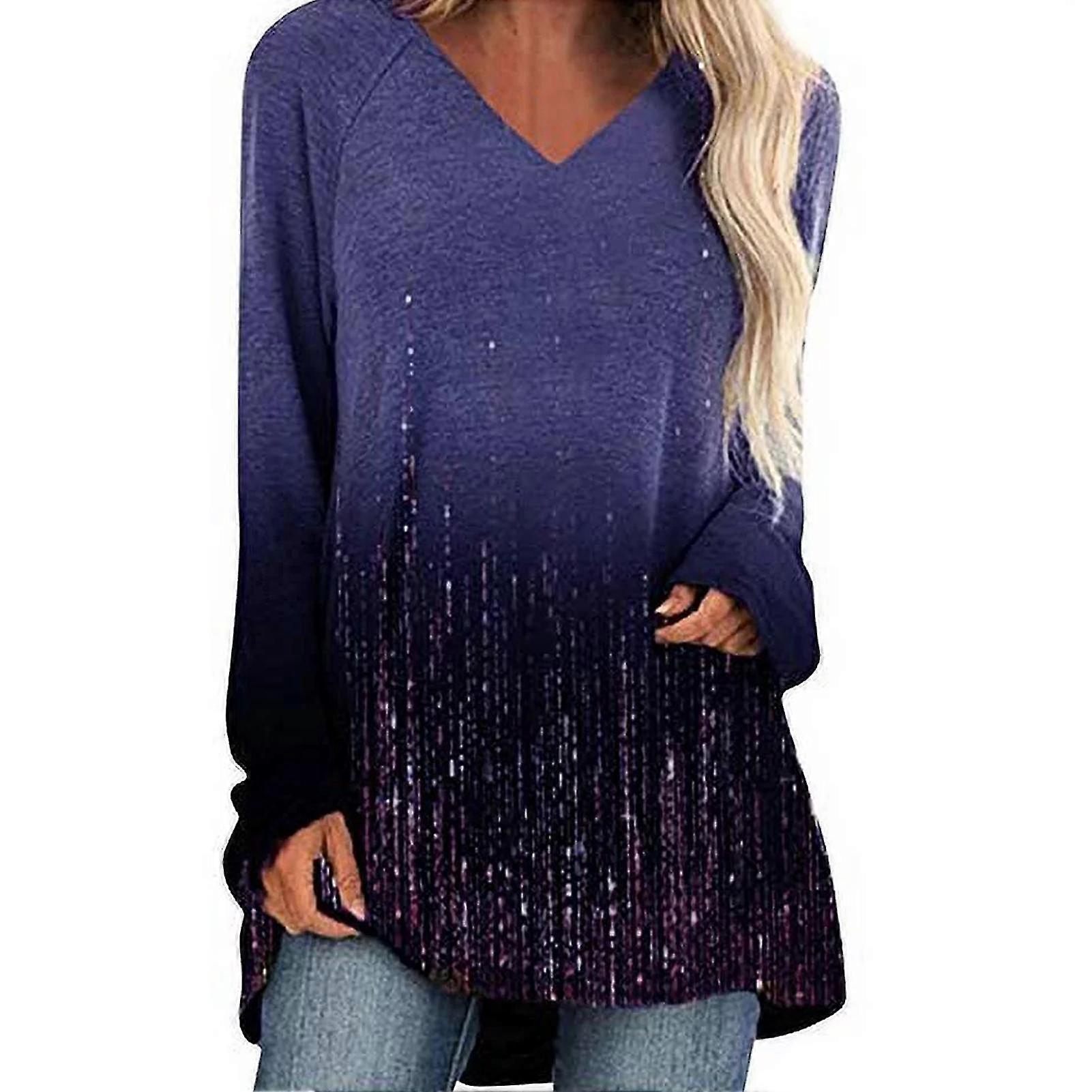 Autumn Winter Daily Women Shirt Soft Gradient Print Polyester Long Sleeve V Neck