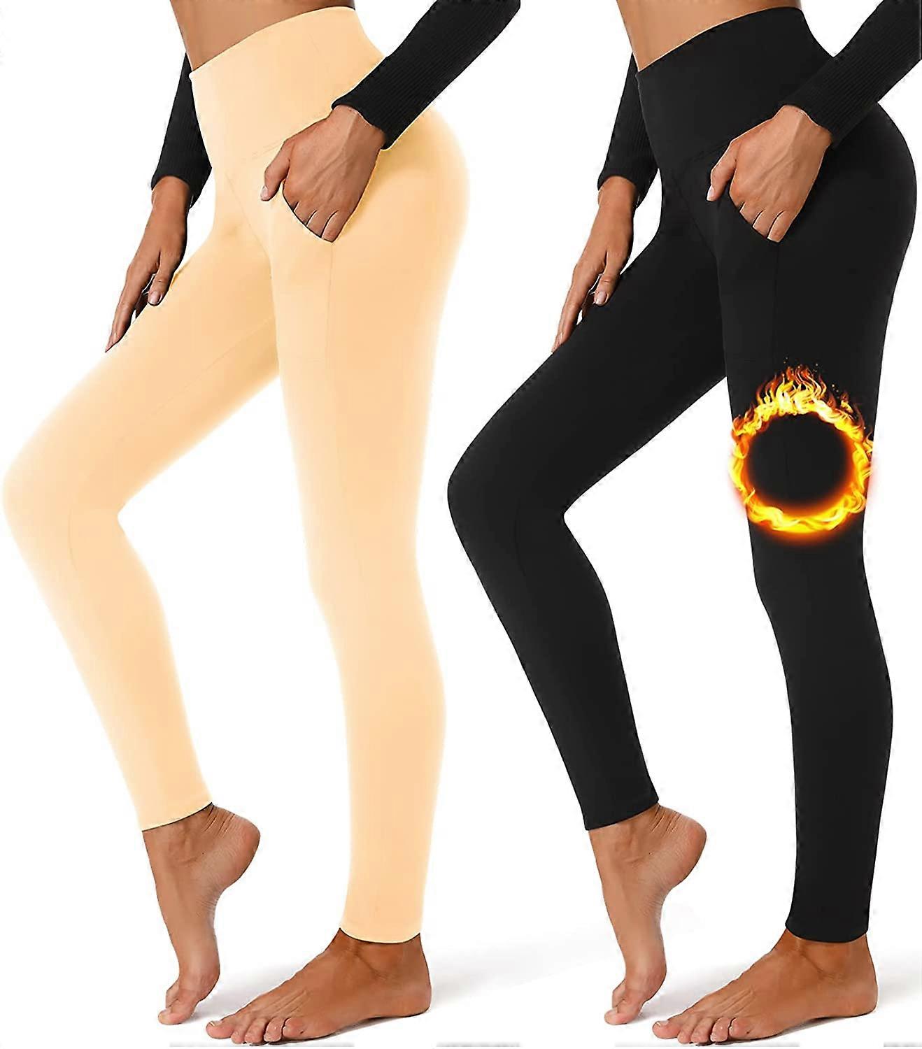 2 عبوة طماق مبطنة بالصوف مع جيوب للنساء بنطلون يوغا شتوي حراري عالي الخصر L-2XL