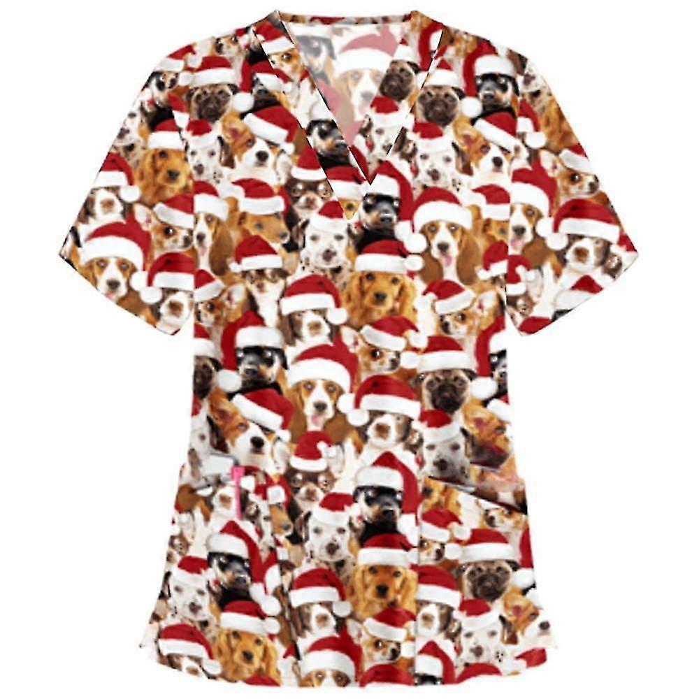 Jul Kvinner Sykepleie Uniform Skrubb Kortermet T-skjorte Xmas Bluse Tee Topper (Xmas Tree Blue)